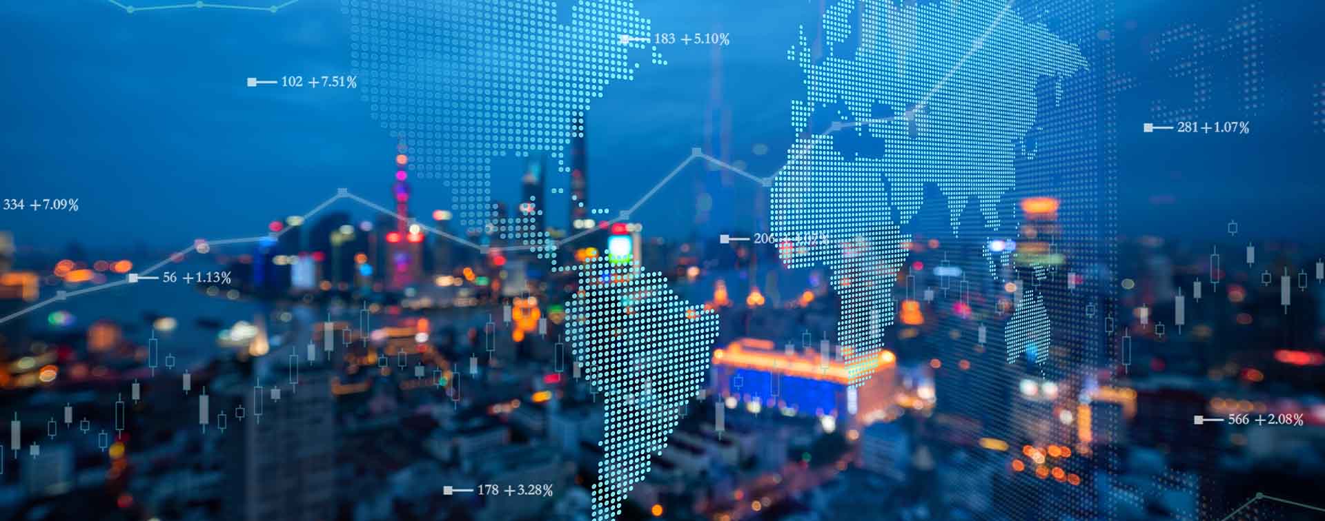 Glowing pixel map of the world with a graph spanning across it overlaid on a view of a city from a window