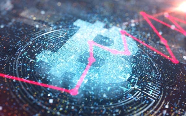 Glowing Bitcoin logo on a digital circuit with a fluctuating red graph line over it