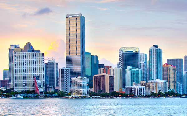Skyline of downtown Miami, Florida looking toward the Brickell neighborhood on Biscayne Bay