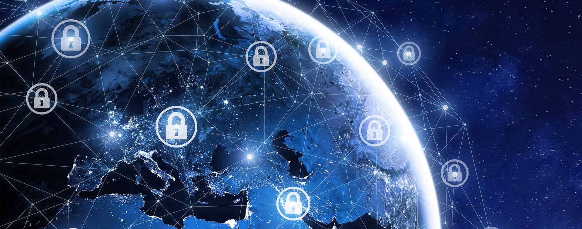 Earth seen from space with a digital overlay depicting a secure data network