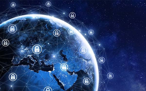 Earth seen from space with a digital overlay depicting a secure data network