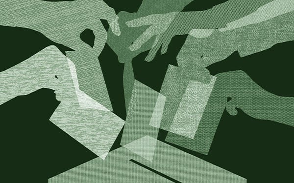 Abstract illustration of voters submitting their ballots