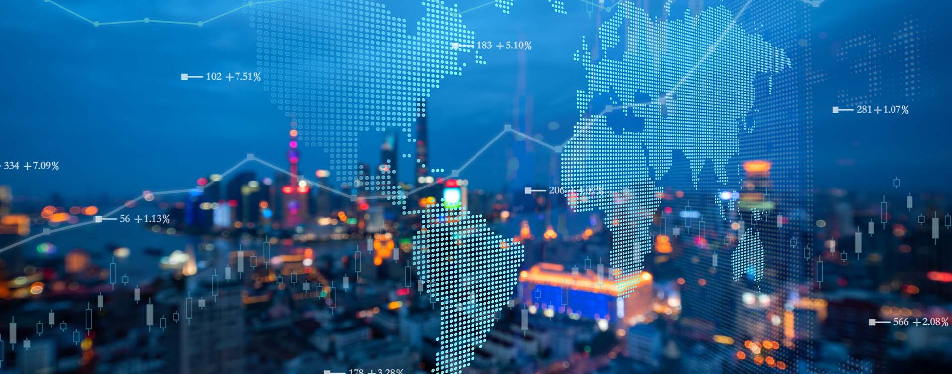 Futuristic earth map with data overlays and blurred cityscape background