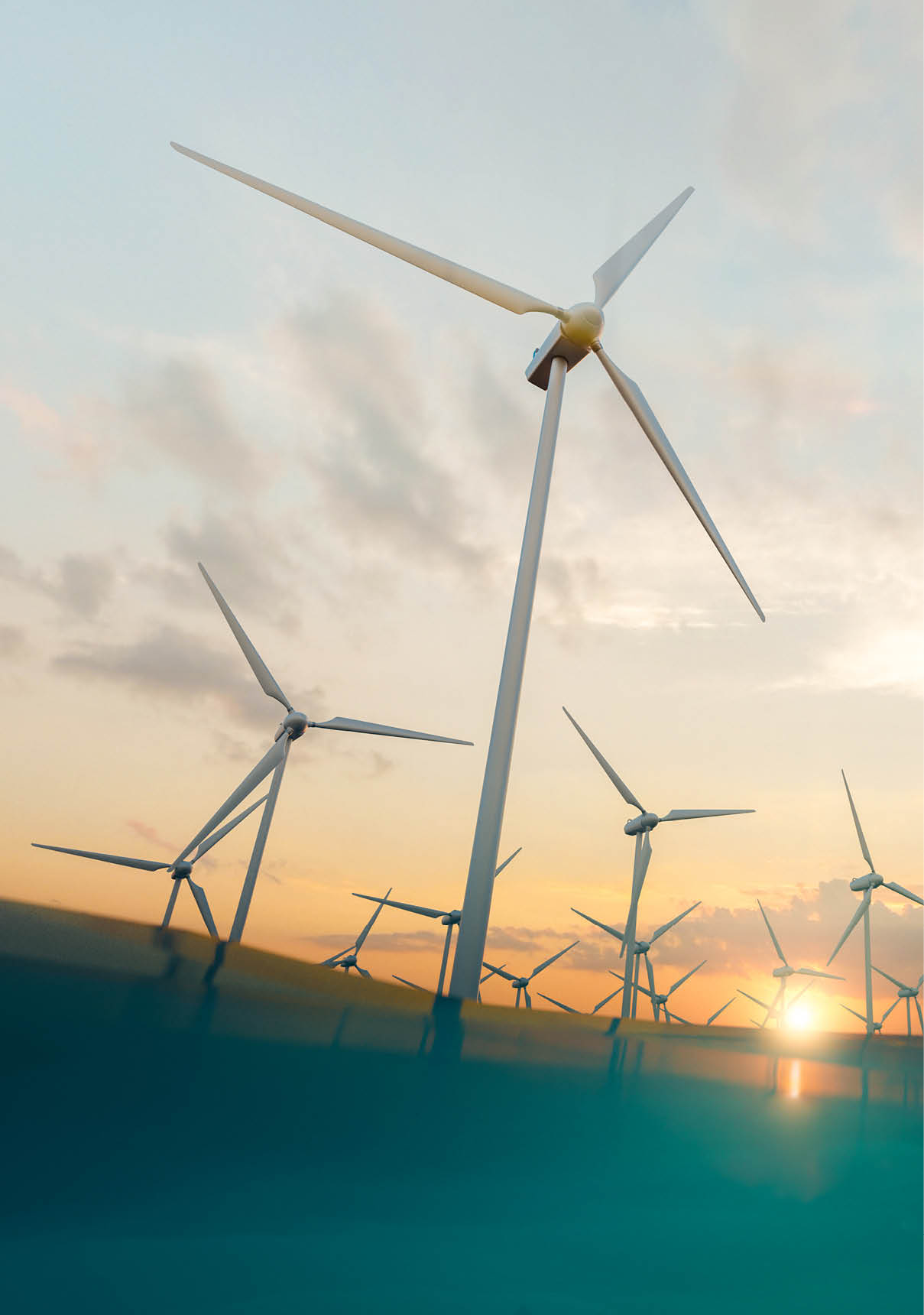 From below of windmills placed in field near blue sea in summer evening showing concept of renewal energy source. 3d rendering