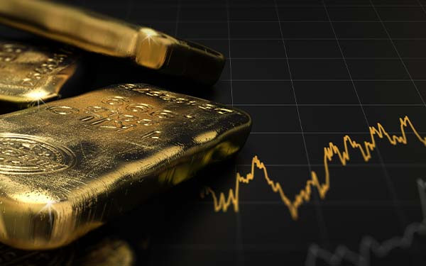 3D illustration of gold ingots over black background with a chart.