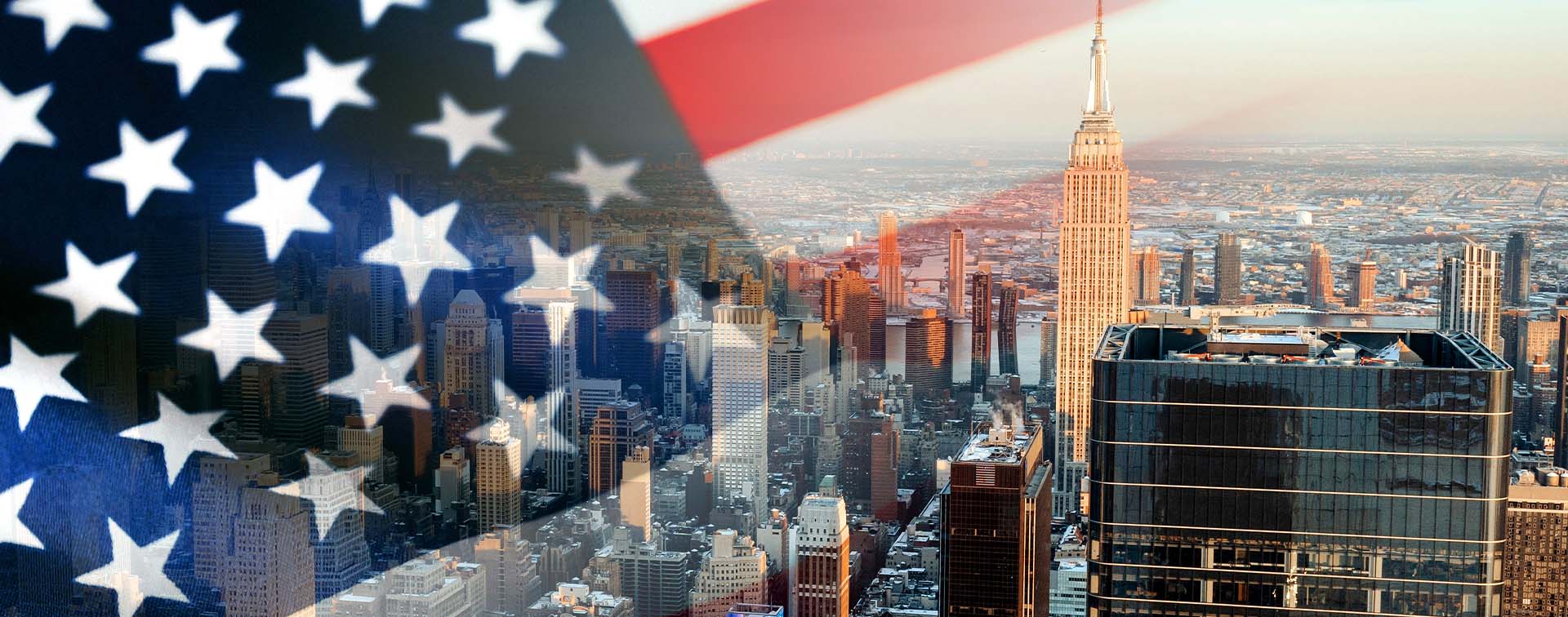 Skyline of NYC - USA flag and panoramic view of New York City