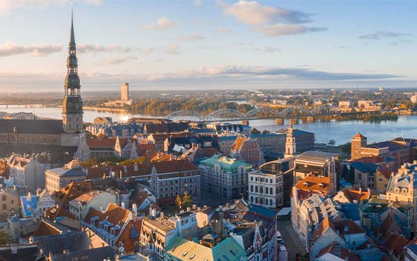 Aerial shot of the old town of Riga in Lativa during a beautiful sunset
